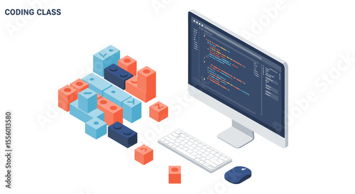 Coding class vector illustration: isometric design for educational posters