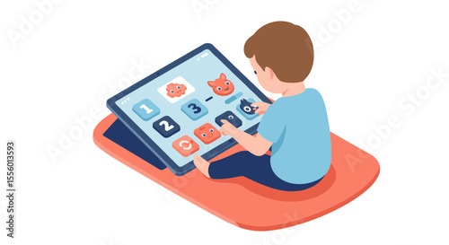 Child learning with digital tablet: educational technology vector illustration for children's educational content, flat style