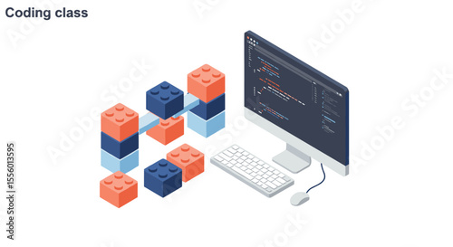 Isometric vector illustration of coding education with computer and blocks for stem learning and technology design
