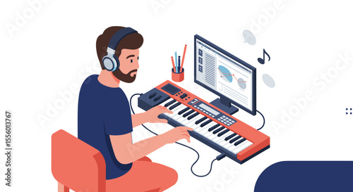 Music production at home: flat vector illustration for creative design