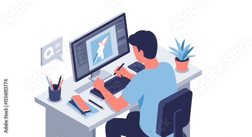 Digital artist workspace vector illustration - creative office design for print and web in isometric style