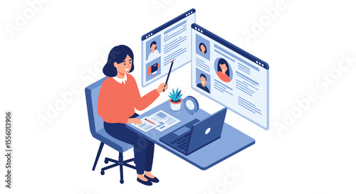Online job interview vector illustration: remote recruitment concept for business design in flat style