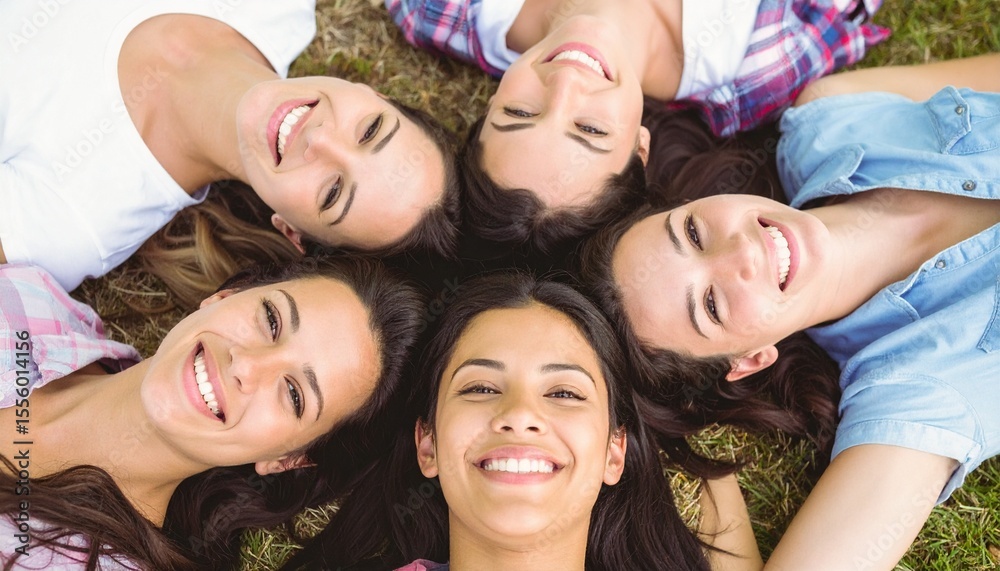Obraz premium Friends laying outdoors forming a circle while smiling together symbolizing closeness and joyful friendship