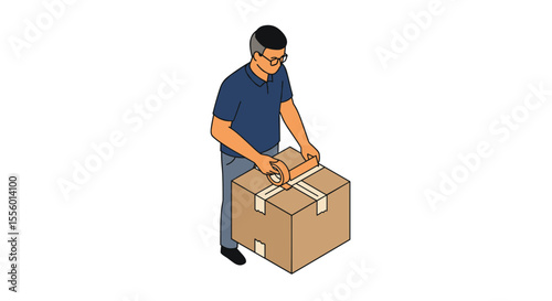 Isometric vector illustration of person packing cardboard box for moving or shipping design