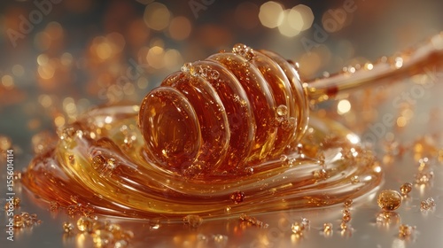 Golden honey dipper immersed in luscious, flowing honey with sparkling lights