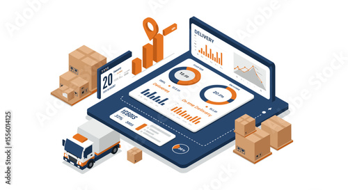 Isometric warehouse management vector illustration for logistics efficiency and data analysis