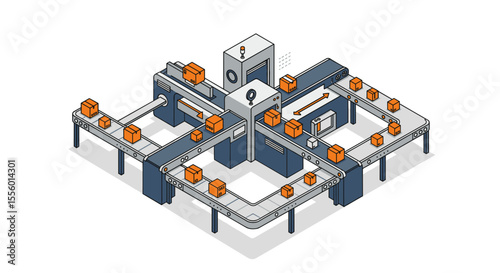 Warehouse system vector illustration: conveyor innovation for logistics poster in isometric style