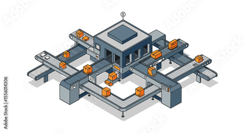 Isometric vector illustration of package distribution on conveyor belt system for logistic and transportation design