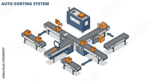 Isometric warehouse automation vector illustration: auto-sorting system design for technology posters