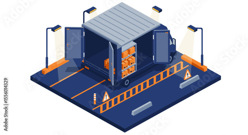 Isometric warehouse delivery vector illustration for poster design