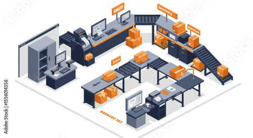 Warehouse automation vector illustration for logistics and manufacturing design in isometric style