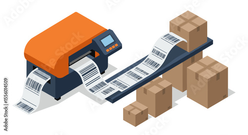 Barcode printing process vector illustration for packaging design in isometric style