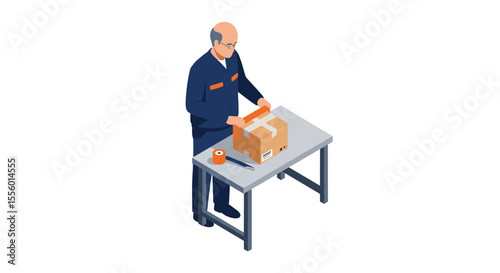 Warehouse worker packing box vector illustration for logistics and shipping design in isometric style
