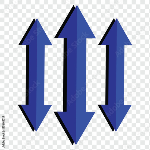 Vertical dual sided long straight arrow icons isolated on transparent background.