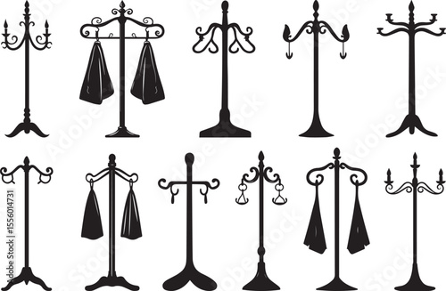 Coat rack silhouette vector illustration. Hallway Furniture and Coat Stand Silhouette Vector.