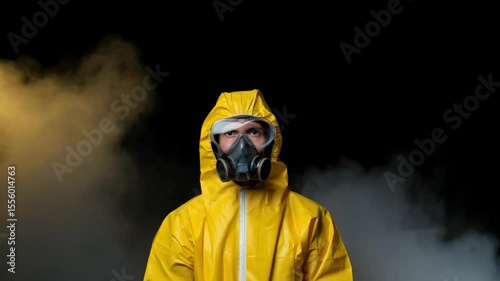 A person wearing a yellow protective suit and gas mask appears focused as they navigate through a smoky environment during a safety training exercise in an urban area