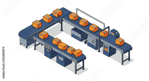 Flat isometric conveyor belt system with cardboard boxes vector illustration for logistics and manufacturing design