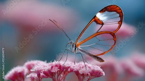 Delicate Glasswing Butterfly Resting Gracefully on Pink Blooms, detailed