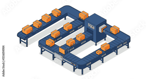 Isometric conveyor belt system with boxes vector illustration for industrial design