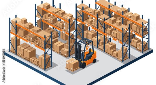 Warehouse logistics and inventory management vector illustration in isometric style for design and print