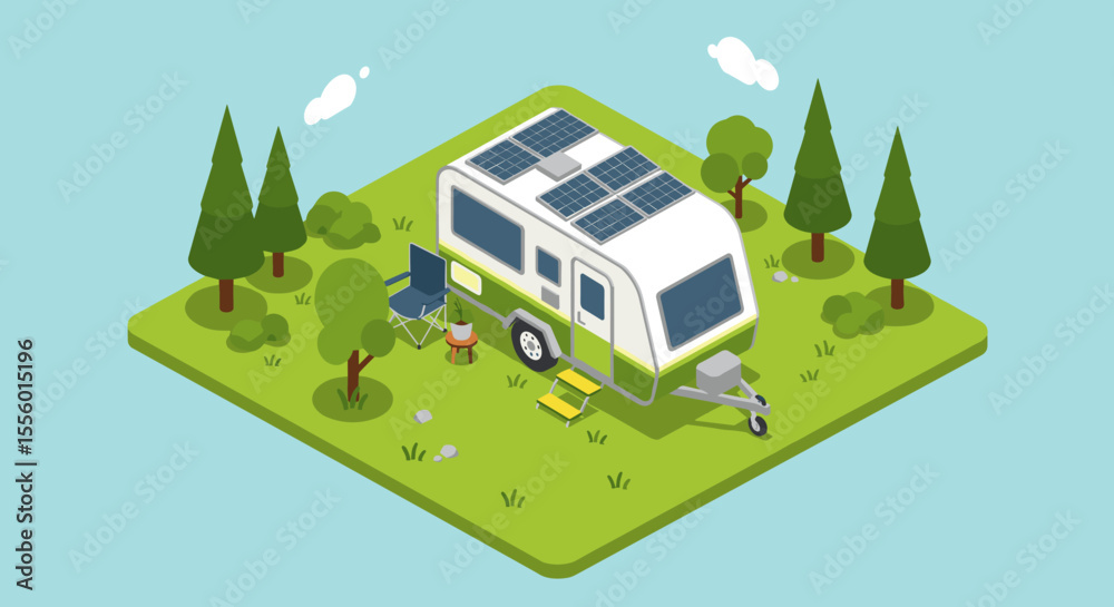 Obraz premium Isometric camper van vector illustration: summer camping adventure design for poster