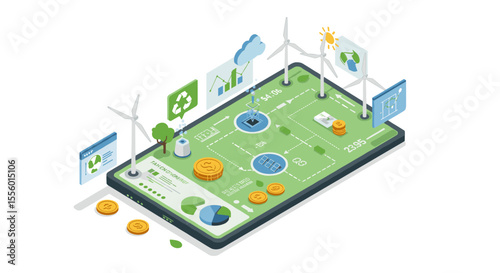 Renewable energy finance: isometric vector illustration for sustainable investment concepts