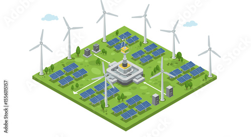 Isometric wind and solar power plant vector illustration for renewable energy concept design