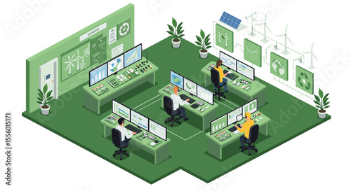 Renewable energy control room vector illustration for sustainable technology design in isometric flat style