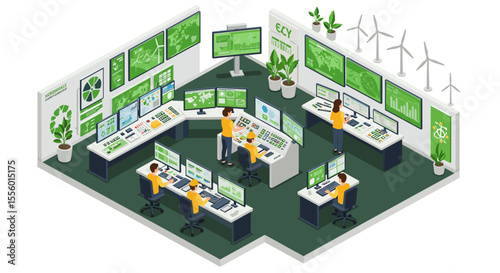 Sustainable energy control room vector illustration: eco-friendly management design in isometric flat style
