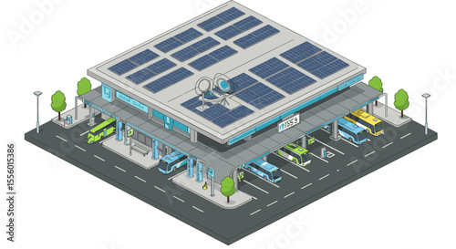 Isometric vector illustration of modern eco-friendly bus terminal with solar panels for sustainable urban design