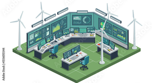Green energy control room vector illustration for renewable energy design, isometric style