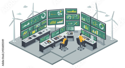 Renewable energy control center vector illustration - flat design for technology, sustainability, and data analysis