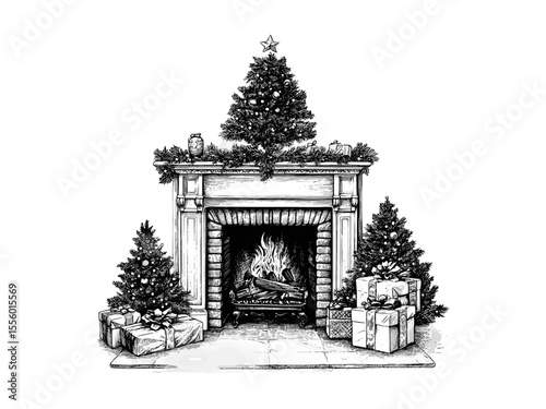 Hand-drawn vintage fireplace, retro Christmas scene, black sketch holiday style, seasonal decor artwork, antique etching, rustic fireplace, cozy home interior, nostalgic winter