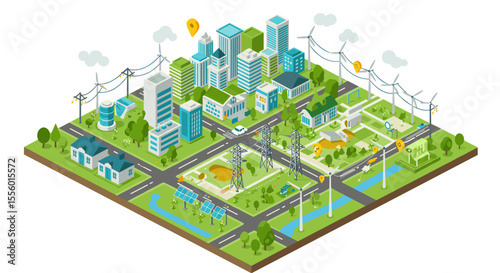 Sustainable city development vector illustration for urban planning in isometric style