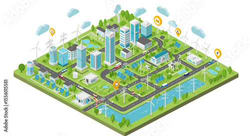 Smart city design: eco friendly urban isometric vector illustration for print and poster