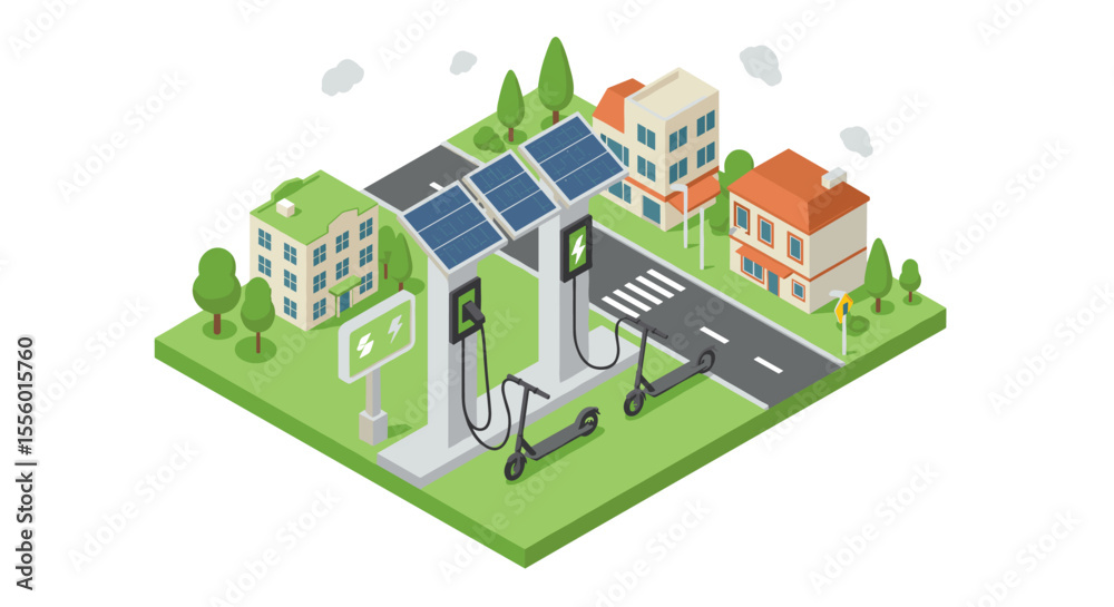 Obraz premium Solar electric charging station vector illustration - isometric design for sustainable urban environment display