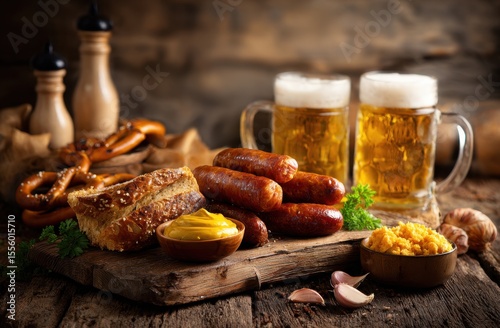 Savory German Feast: Beer, Sausages, Pretzels, and Mustard