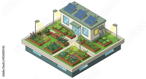 Eco-friendly home garden vector illustration: solar-powered urban oasis in isometric style
