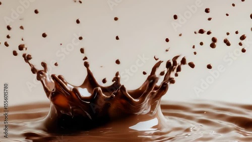 Rich chocolate creates a stunning splash effect as it hits the surface, revealing a captivating dance of droplets and waves. This mesmerizing moment highlights the beauty of fluid dynamics