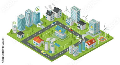 Isometric green energy city - smart urban planning vector illustration