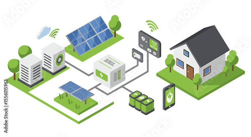 Isometric vector illustration of smart home with solar energy system for eco-friendly living