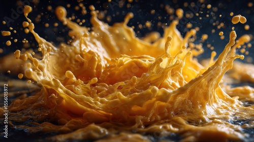 Dynamic burst of liquid resembling orange juice, captivating splash effect