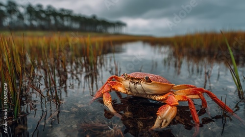 Macro View of a Reddish Crab in a Marshland Setting Under Cloudy Skies