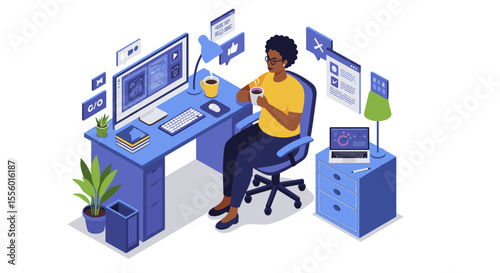 Modern workspace vector illustration: isometric office design for digital projects and remote work collaboration