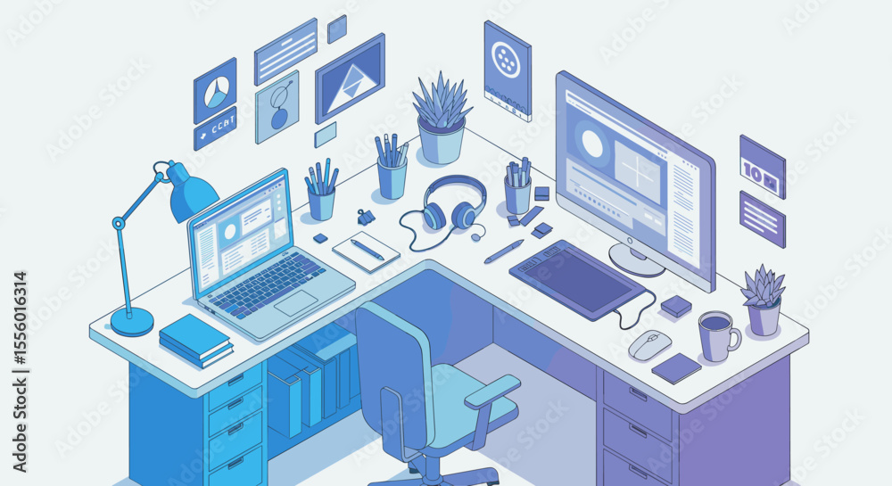 Fototapeta premium Modern workplace setup: isometric vector illustration for creative office design