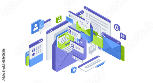 Email communication vector illustration: digital correspondence for web design in isometric style