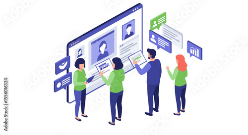 Collaborative teamwork concept vector illustration in isometric style for digital communication and project management design