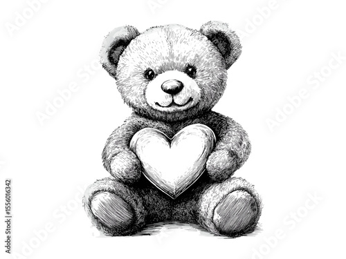 Vintage romantic gift, retro engraved Valentine teddy bear, hand-drawn black line sketch, holiday love decor, old engraving style, trendy illustration, classic love art, nostalgic charm