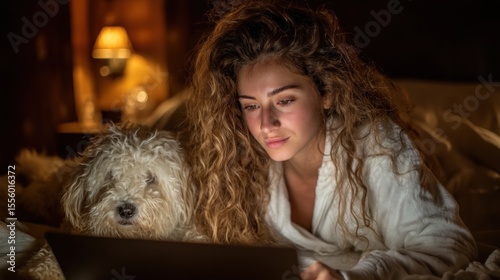 Woman using laptop with her fluffy companion in cozy ambient lighting