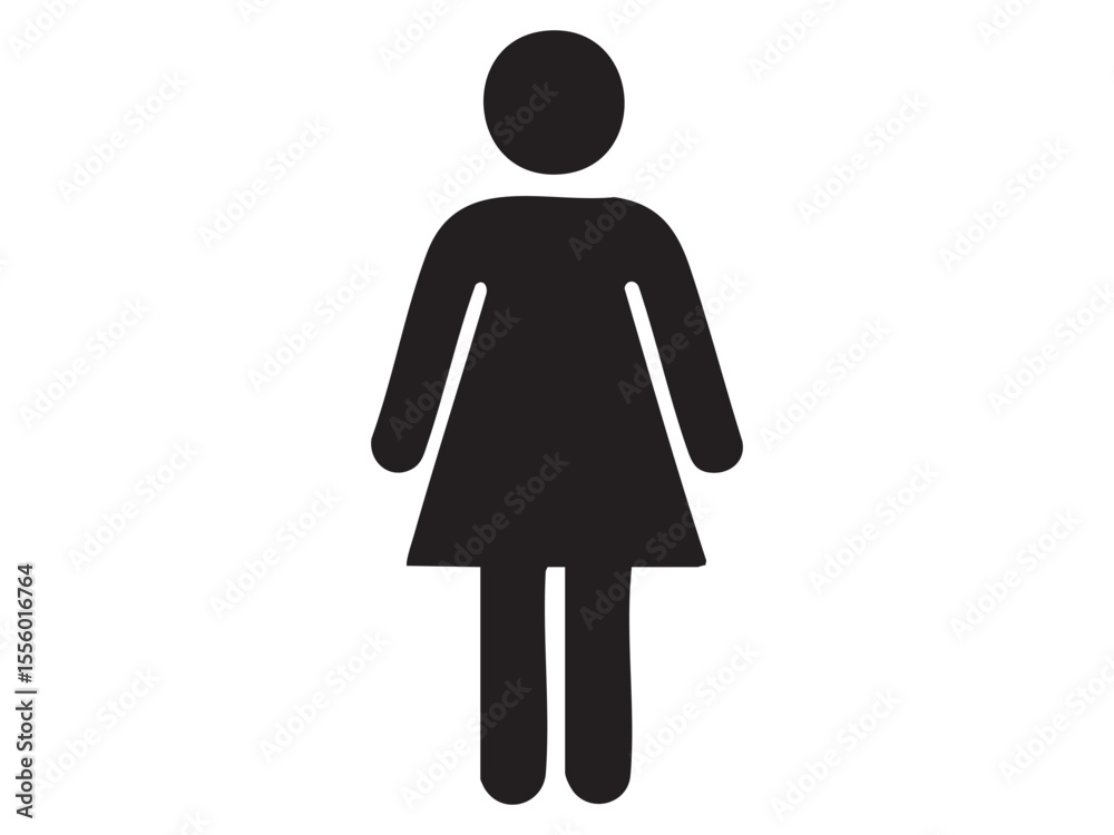 Fototapeta premium Black silhouette of woman in standing pose, isolated on white background, graphic illustration. concept of female icon, restroom sign, gender symbol, design element, WC indicator, toilet navigation